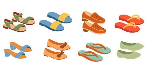 Set of trendy summer shoes. Colorful women shoes set.