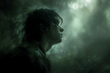 Fototapeta premium Dark, moody profile of a person in a foreboding setting.
