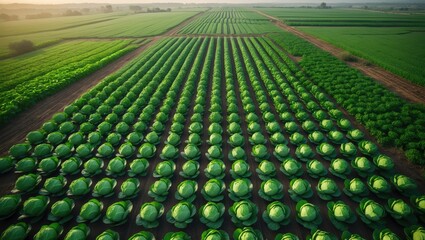 Fototapeta premium Large-scale cabbage cultivation captured from above, highlighting vibrant green fields