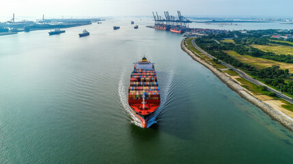Fototapeta premium Container ship navigating busy sea lane amidst global commerce activities at port