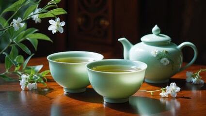 Green tea with jasmine in a cup and teapot placed on a table