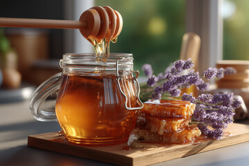 Jar of honey with flowers