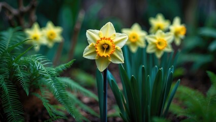 A lively Daffodil flower blooms amidst a backdrop of lush green leaves and ferns
