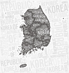 Obraz premium Republic of Korea regions map word cloud. Republic of Korea region names. Black and white map design. Artistic vector illustration.