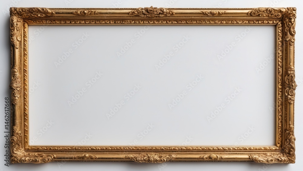 Poster retro rectangular painted frame with ornate carvings on plain white backdrop