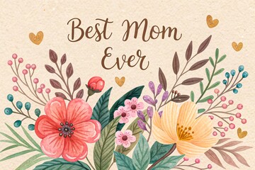 Best Mom Ever Floral Greeting Card Watercolor Flowers Mothers Day Design