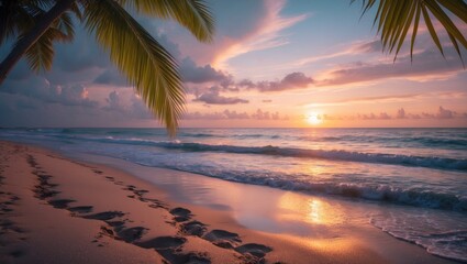 Exotic tropical shoreline during sunset with silhouettes