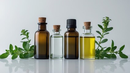 White background with essential oil bottles collection