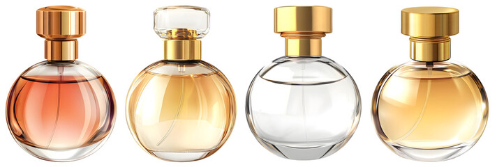 Set of luxury perfume bottles collection with golden and transparent glass designs, isolated on transparent background

