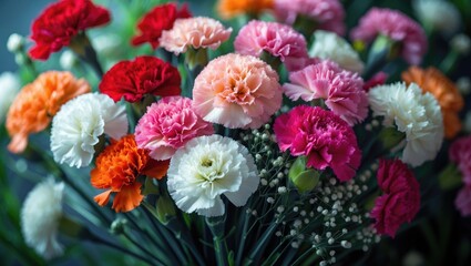 Colorful bouquet of carnations set against a floral background with various flowers