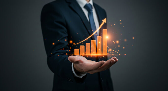 Businessman presenting an upward trending bar graph with arrow in his open hand with sparkles real estate business ,technology ,selling ,purchasing ,agreement - Powered by Adobe
