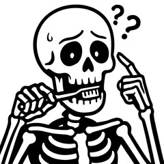 Confused Skeleton Brushing Teeth with Question Marks Illustration