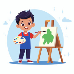 Minimal flat vector of boy painting – children hobby cartoon on white background