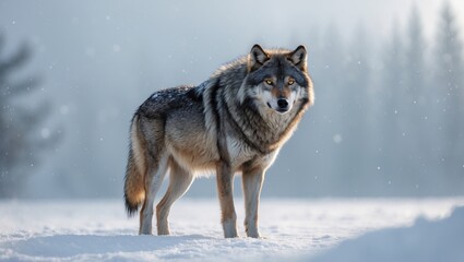 Fototapeta premium Isolated wolf in winter snow on white backdrop