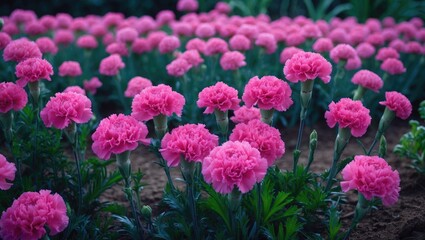 Fototapeta premium Wide Scene of Blooming Carnations and Plants