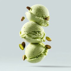 Green Pistachio Ice Cream Scoops in Air