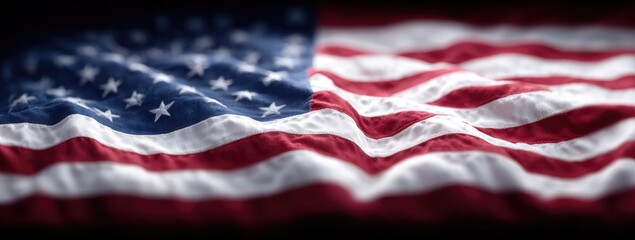 Waving United States Flag With Red And White Stripes And Blue Field In Dark Background Showing Patriotism And Independence Day Symbol