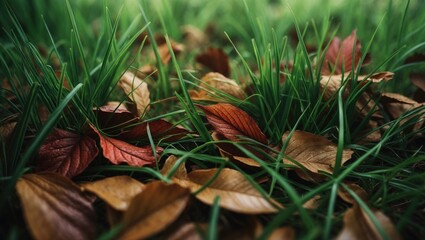 Obraz premium Zoomed-in shot of flourishing green grass intermingled with brown fallen leaves, illustrating the beauty of nature and seasonal change.