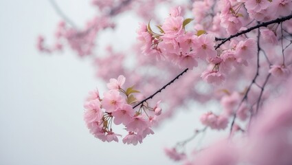 Obraz premium Blooming Tabebuia rosea trees set against a white sky backdrop with copy space