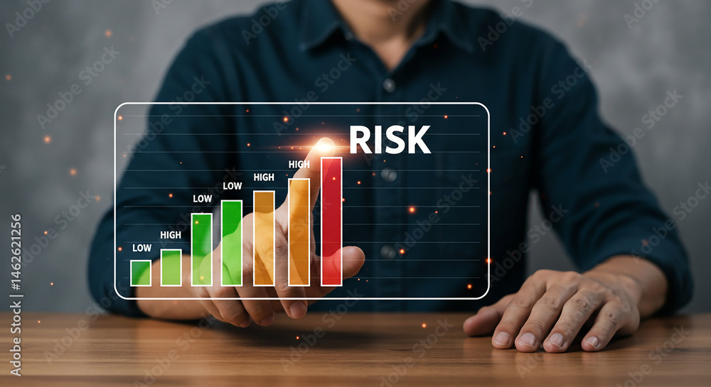Aufkleber man touching a risk chart with bars showing low to high levels on a transparent screen interface rea
