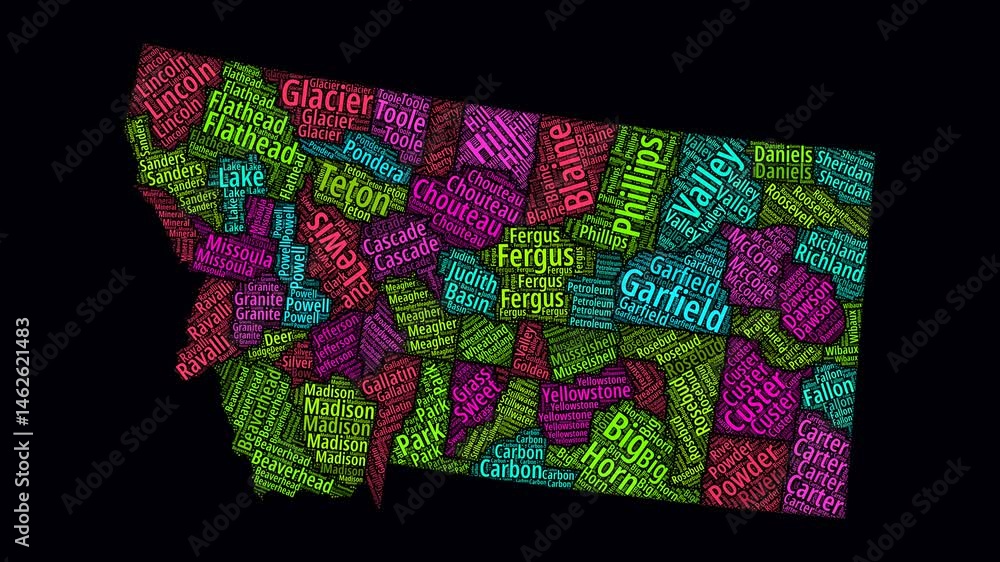 Aufkleber montana intro video. counties word clouds animation. montana counties names in english language fadi