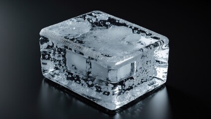 Rectangular ice block with texture, isolated on black background, clipping path included.