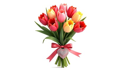 Colorful Tulip Bouquet with Satin Ribbon and Gift Tag – Isolated on White, Ultra-High Resolution