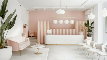 Modern minimalist waiting area interior design pastel pink and white