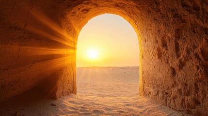 A bright sunrise shines through a stone archway, illuminating a sandy desert landscape outside.