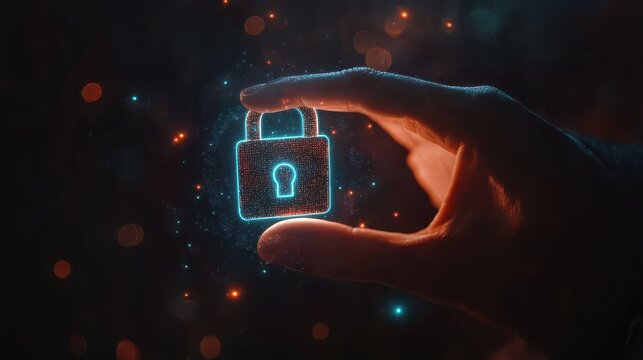 Business hand touching a holographic padlock for secure digital access
