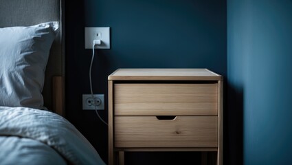 Close-up shot of a bedroom area showing an empty wooden bedside table