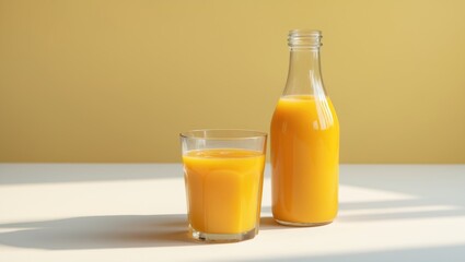 Fototapeta premium Organic orange juice in glass bottle displayed on white surface for advertising