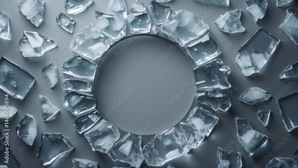 Poster ice fragments in a frame set on a frosty background, top perspective with room for text