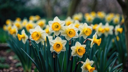 Fototapeta premium Blooming Daffodils in the garden scene