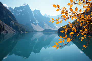 A single branch of golden yellow autumn leaves gracefully reaches out to a serene blue lake, with snow-capped mountains rising in the distance.