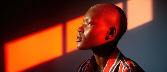 Thoughtful African woman with short hair bathed in warm sunlight indoors, looking away with a contemplative mood Concept of beauty, individuality, and inner peace
