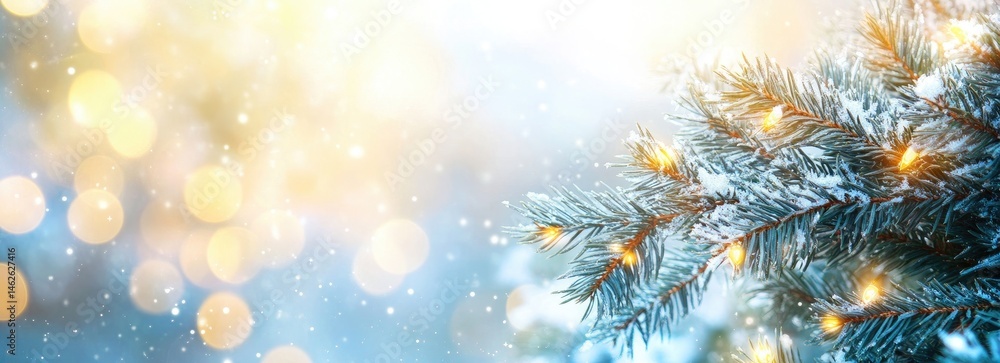 Poster fir branch with snowfall and bokeh effect, snowy conifer sprig with golden lights