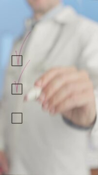 Medical professional wearing lab coat and stethoscope checking boxes on transparent board, using marker against light blue background, demonstrating systematic healthcare process