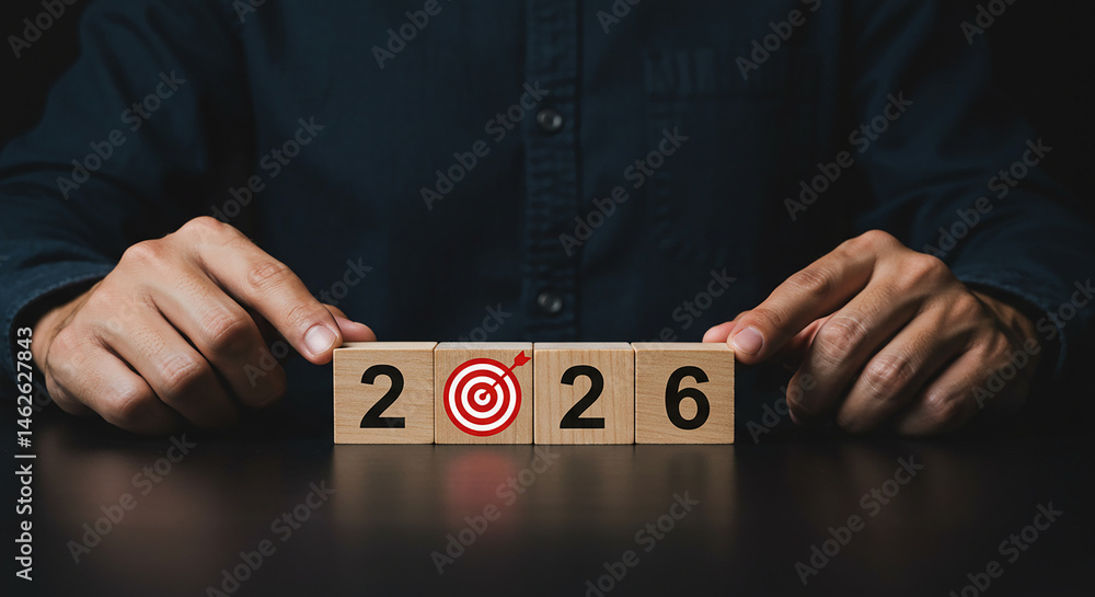 Aufkleber a person arranging wooden blocks with the year and a target symbol on a dark surface table top real 