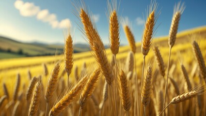Fototapeta premium The yellow barley ears in the meadow show that they are ripe for harvesting to make bread.