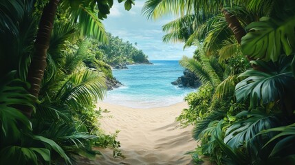 Fototapeta premium View of the sandy beach and blue ocean through the green leaves of palm trees and tropical plants
