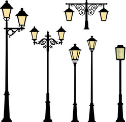 Vintage street lamps vector set with classic black and beige lighting elements 