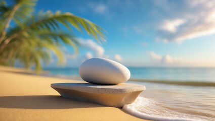 Obraz premium Background of summer sand and tropical sea with an abstract stone podium