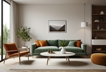 There is a green sofa and a chair in the living room