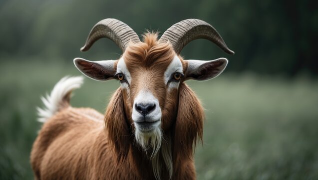 Portrait of a domestic male goat with long hair in a green outdoor environment