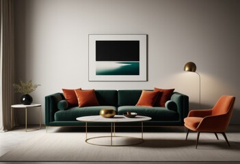 In the living room there is a green sofa and two orange chairs