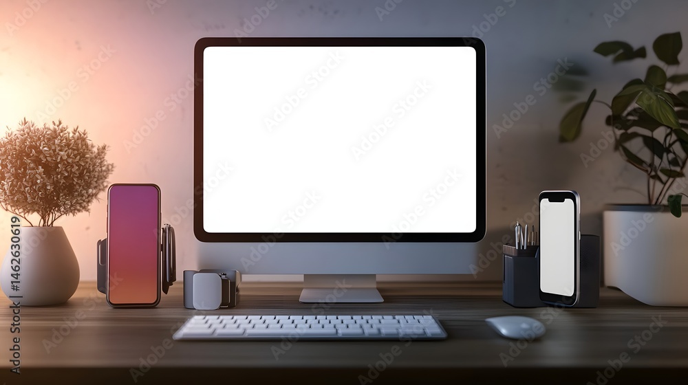 Poster modern workspace mockup with blank screen computer.