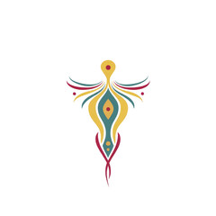 This features colorful abstract design resembling stylized figure with symmetrical patterns and vibrant colors. design includes flowing lines and shapes, creating sense of movement and balance