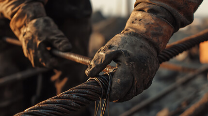 Construction Worker Handling Reinforcement Steel