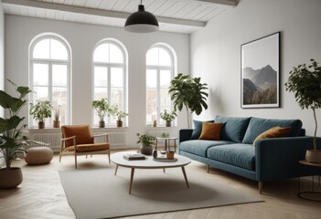 Fototapeta premium There's a blue sofa in the living room with a coffee table inside